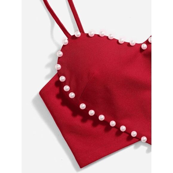 ❤ Cute Heart Shaped Crop Top Pearls Trim NEW - Picture 5 of 16